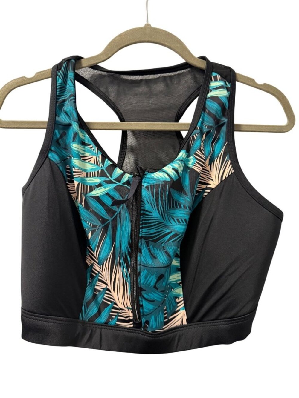 Cacique Swim By Cacique Black & Tropical Leaf Print Zip Front Sports Bra Size 20